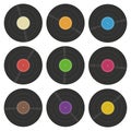 Set of vinyl, phonograph or gramophone 33 rpm record with colorful labels. LP retro disc icon Royalty Free Stock Photo