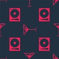 Set Vinyl player with a vinyl disk and Martini glass on seamless pattern. Vector Royalty Free Stock Photo