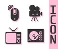 Set Vinyl player, Wireless computer mouse, Retro tv and Retro cinema camera icon. Vector. Royalty Free Stock Photo
