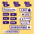 Set of violet icons of old camera - symbols of marks, live video, subscribe and favourite for video blog, like