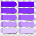 Set of violet pieces of stickers and rounded bookmarks isolated on a transparent background. Separate pieces of tape flat