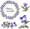 Set of violet purple flowers on a light background. Floral wreath of violets. For wallpaper, textile design. Viola mirabilis.