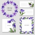 Set of violet purple flowers on a light background. Frames for text, business cards, posters with floral design element Royalty Free Stock Photo