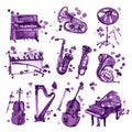 Set of violet watercolor musical instruments.