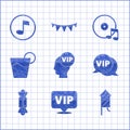 Set Vip inside head, Location, Firework rocket, speech bubble, Candy, Cocktail, Vinyl disk and Music note, tone icon Royalty Free Stock Photo