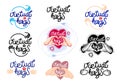 Set, virtual hugs icons. Vector modern lettering with hands and heart. Image collection on white background. Hugging