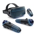 Virtual reality headset and controllers with blue neon light accents on a white background Royalty Free Stock Photo