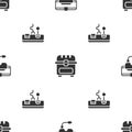 Set Virtual reality glasses, Antique treasure chest and Gamepad on seamless pattern. Vector