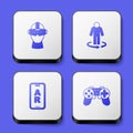Set Virtual reality glasses, 3d modeling, Augmented AR and Gamepad icon. White square button. Vector