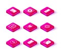 Set Virtual reality, Video graphic card, Tablet, Processor, File document, Music player and Computer cooler icon. Vector