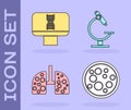 Set Virus, DNA spiral and computer, Virus cells in lung and Microscope icon. Vector Royalty Free Stock Photo