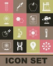 Set Virus, Test tube, Telescope, Apple, Chemical formula, Atom, and Chemistry report icon. Vector