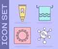 Set Virus, Tube of toothpaste, Condom in package safe sex and Towel on a hanger icon. Vector Royalty Free Stock Photo