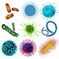 Set of viruses and bacteria isolated against a blom background. Viruses and bacteria under a microscope. An uninitiated