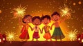 set of Vishu a cartoon characters and design elements such as fireworks