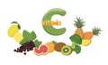 Set of vitamin C sources. Dietetic and vegetarian food composition. Vitamin c benefits and sources. Trendy vector illustration,