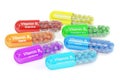 Set of vitamin capsules B1, B2, B3, B5, B6, B7, B12. 3D rendering