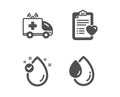 Vitamin e, Ambulance car and Patient history icons. Oil drop sign. Vector