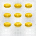 Set of vitamin yellow capsules isolated on transparent background. Vitamin A, B1, C, D3, E, B12, B1, B2.