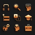 Set Vocabulary, Learning foreign languages, Briefcase, Graduation cap, Flag, and Headphones icon. Vector Royalty Free Stock Photo