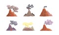 Set of volcano eruption. Volcanoes with magma, smoke and ash vector illustration