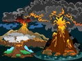 A set of volcanoes of varying degrees of eruption, a sleeping or awakening dangerous vulcan, salute from magma ashes and