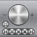 Set of volume sound control button, round metal buttons with basic audio symbols and with brushed texture Royalty Free Stock Photo