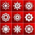 Set of volumetric white snowflake on a red background. Christmas star. Mandala.