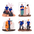 A set of volunteer help situations. Volunteers at work. Helping people, animals and nature. Charity donation. Vector illustration