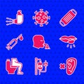 Set Vomiting man, IV bag, Deaf, Herpes lip, Constipation, Syringe, Medical protective mask and Inhaler icon. Vector