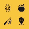 Set Voodoo doll, Happy Halloween holiday, Bloody knife and witch cauldron icon with long shadow. Vector