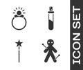 Set Voodoo doll, Magic stone ring with gem, Magic wand and Bottle with love potion icon. Vector