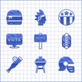 Set Vote, Barbecue grill, American football helmet, Hotdog sandwich, Baseball bat with, Medal star and Burger icon Royalty Free Stock Photo