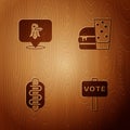 Set Vote, Eagle, Hotdog sandwich and Burger on wooden background. Vector
