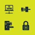 Set VPN Computer network, Safe combination lock wheel, Digital door with wireless and icon. Vector Royalty Free Stock Photo
