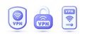 Set VPN icons in 3d style. Vpn Shield and lock with vpn icon. Safe for wifi and server. Wifi internet signal symbols in