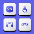 Set VS Versus battle, Bottle with magic elixir, Game controller or joystick and icon. White square button. Vector