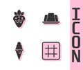 Set Waffle, Strawberry in chocolate, Ice cream waffle cone and Jelly cake icon. Vector