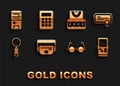 Set Waist bag of banana, Certificate template, Tetris, Eyeglasses, Magnifying, Waistcoat, Computer and Calculator icon