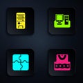 Set Waistcoat, Computer, Piece of puzzle and Monitor with keyboard. Black square button. Vector