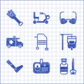 Set Walker, Identification badge, Syringe, IV bag, Prosthesis leg, Emergency car, Blind glasses and icon. Vector