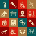 Set Walker, Prosthesis hand, Syringe, Woman wheelchair, Stretcher, Guide dog, Human broken arm and Poor eyesight icon