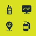 Set Walkie talkie, Hand grenade, Location peace and The word war icon. Vector Royalty Free Stock Photo