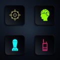 Set Walkie talkie, Target sport, Aviation bomb and Army soldier. Black square button. Vector