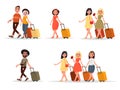 Set walking airplane passengers. Man, woman, friends with luggage on an isolated background.