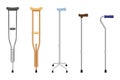 Set of walking sticks and crutches. Telescopic metal canes, wooden cane, cane with additional support, telescopic crutch, wooden