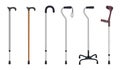 Set of walking sticks and crutches. Telescopic metal canes, wooden cane, cane with additional support, elbow crutc