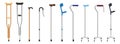 Set of walking sticks and crutches. Telescopic metal canes, wooden cane, cane with additional support, elbow crutch, telescopic