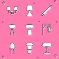 Set Wall lamp or sconce, Table, Fluorescent, Floor, Vintage street light, Light emitting diode and LED bulb icon. Vector Royalty Free Stock Photo