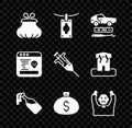 Set Wallet, Money laundering, Car theft, Cocktail molotov, bag, Thief surrendering hands up, System bug and Syringe icon Royalty Free Stock Photo